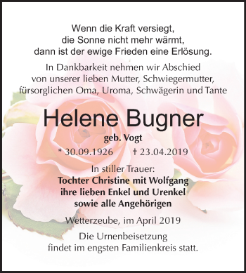 Traueranzeige von Helene Bugner von Mitteldeutsche Zeitung