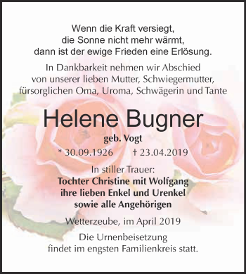 Traueranzeige von Helene Bugner von WVG - Wochenspiegel NMB / WSF / ZTZ