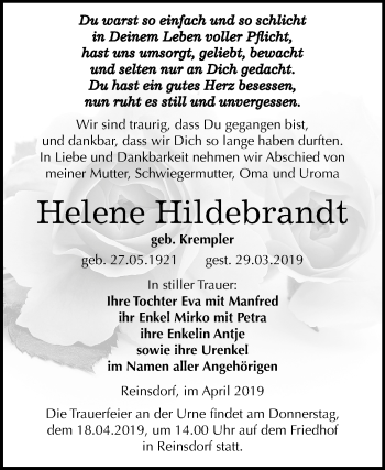 Traueranzeige von Helene Hildebrandt von Mitteldeutsche Zeitung Sangerhausen