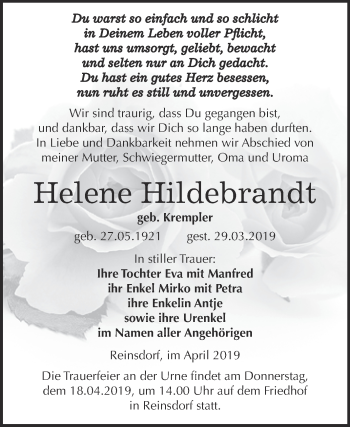 Traueranzeige von Helene Hildebrandt von WVG - Wochenspiegel NMB / WSF / ZTZ