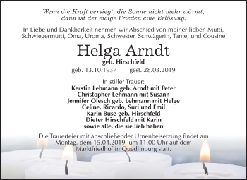 Traueranzeige von Helga Arndt von Mitteldeutsche Zeitung Quedlinburg