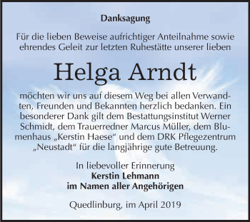 Traueranzeige von Helga Arndt von WVG - Wochenspiegel Quedlinburg