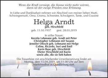 Traueranzeige von Helga Arndt von WVG - Wochenspiegel Quedlinburg