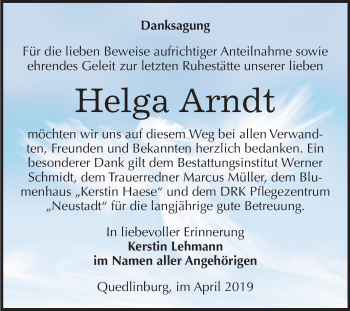 Traueranzeige von Helga Arndt von Mitteldeutsche Zeitung Quedlinburg