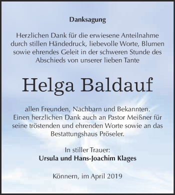 Traueranzeige von Helga Baldauf von Super Sonntag Bernburg