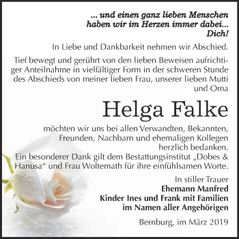 Traueranzeige von Helga Falke von Super Sonntag Bernburg