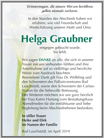 Traueranzeige von Helga Graubner von WVG - Wochenspiegel Merseburg