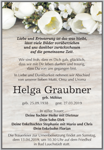 Traueranzeige von Helga Graubner von Mitteldeutsche Zeitung Merseburg/Querfurt