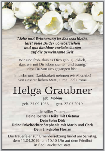 Traueranzeige von Helga Graubner von WVG - Wochenspiegel Merseburg