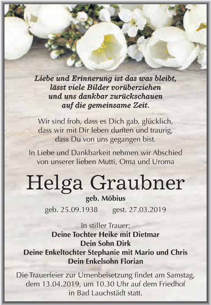  Traueranzeige für Helga Graubner vom 06.04.2019 aus WVG - Wochenspiegel Merseburg