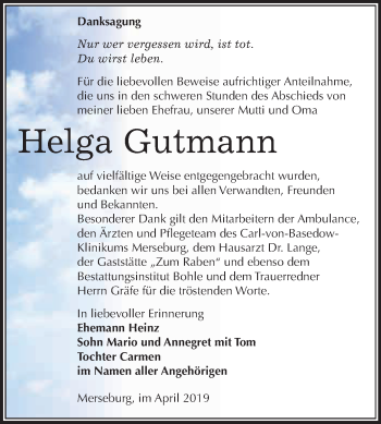Traueranzeige von Helga Gutmann von WVG - Wochenspiegel Merseburg
