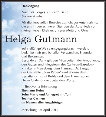 Traueranzeige von Helga Gutmann von Mitteldeutsche Zeitung