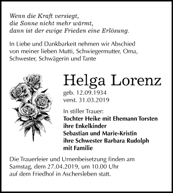Traueranzeige von Helga Lorenz von Mitteldeutsche Zeitung Aschersleben