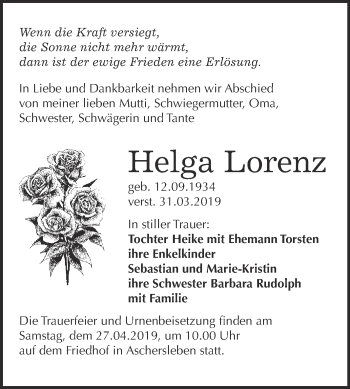 Traueranzeige von Helga Lorenz von Super Sonntag Aschersleben