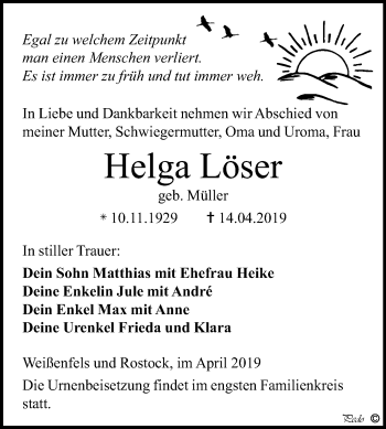 Traueranzeige von Helga Löser von Mitteldeutsche Zeitung Weißenfels