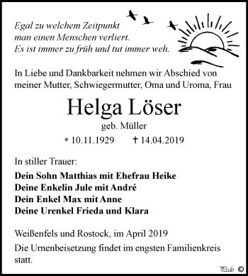 Traueranzeige von Helga Löser von WVG - Wochenspiegel NMB / WSF / ZTZ