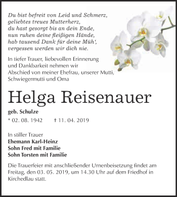 Traueranzeige von Helga Reisenauer von Super Sonntag Bernburg