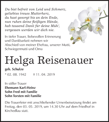 Traueranzeige von Helga Reisenauer von Mitteldeutsche Zeitung Bernburg