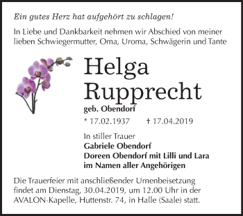Traueranzeige von Helga Rupprecht von Mitteldeutsche Zeitung Halle/Saalkreis