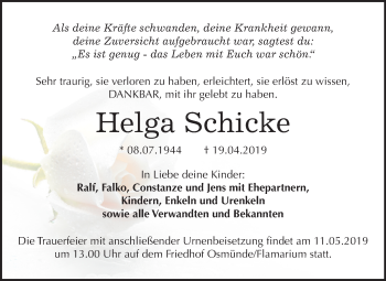 Traueranzeige von Helga Schicke von Mitteldeutsche Zeitung
