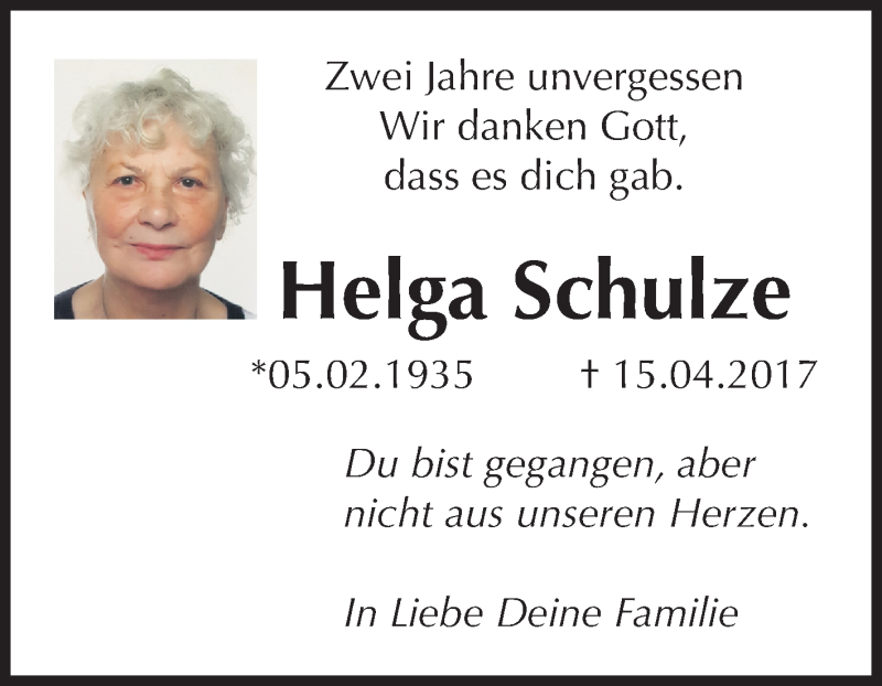  Traueranzeige für Helga Schulze vom 15.04.2019 aus Mitteldeutsche Zeitung Dessau-Roßlau
