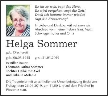 Traueranzeige von Helga Sommer von Super Sonntag Wittenberg