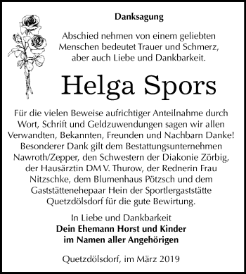Traueranzeige von Helga Spors von WVG - Wochenspiegel Bitterfeld