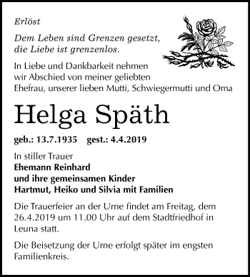 Traueranzeige von Helga Späth von Mitteldeutsche Zeitung