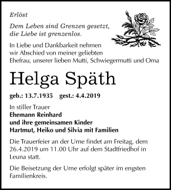 Traueranzeige von Helga Späth von WVG - Wochenspiegel Merseburg