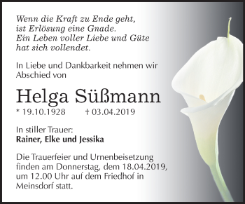 Traueranzeige von Helga Süßmann von Mitteldeutsche Zeitung Dessau-Roßlau