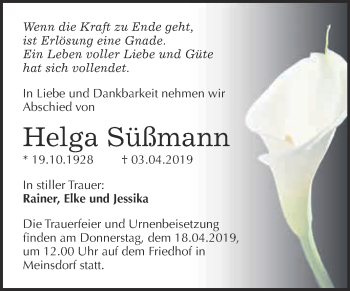 Traueranzeige von Helga Süßmann von WVG - Wochenspiegel Dessau / Köthen