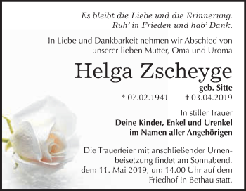 Traueranzeige von Helga Zscheyge von WVG - Wochenspiegel Wittenberg