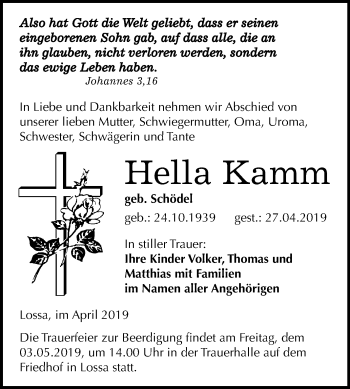 Traueranzeige von Hella Kamm von Mitteldeutsche Zeitung