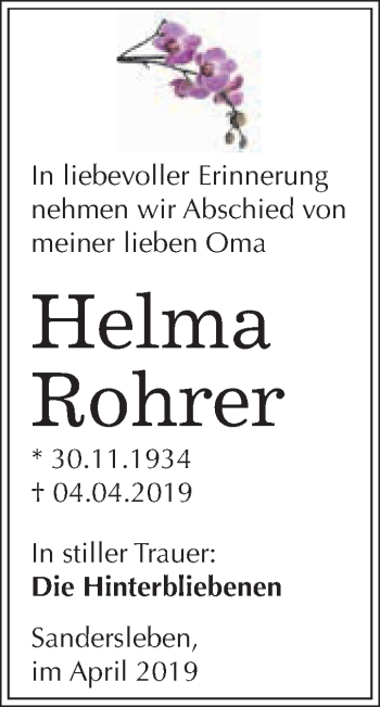 Traueranzeige von Helma Rohrer von Super Sonntag SGH Mansf. Land