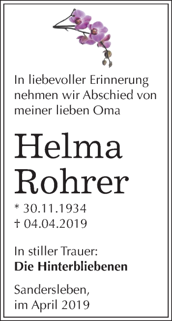 Traueranzeige von Helma Rohrer von Mitteldeutsche Zeitung Mansfelder Land