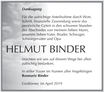 Traueranzeige von Helmut Binder von Wochenspiegel Mansfelder Land