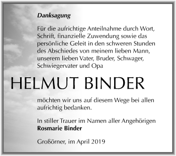 Traueranzeige von Helmut Binder von Mitteldeutsche Zeitung Mansfelder Land