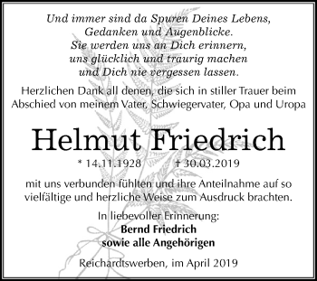Traueranzeige von Helmut Friedrich von Mitteldeutsche Zeitung Weißenfels