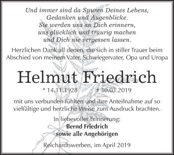 Traueranzeige von Helmut Friedrich von WVG - Wochenspiegel Merseburg