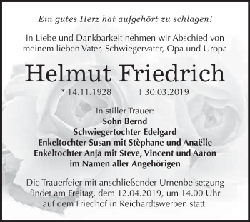 Traueranzeige von Helmut Friedrich von WVG - Wochenspiegel NMB / WSF / ZTZ