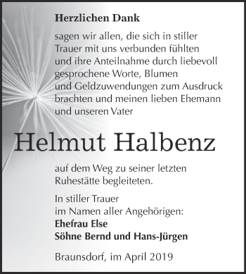 Traueranzeige von Helmut Halbenz von WVG - Wochenspiegel Wittenberg