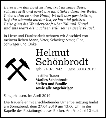 Traueranzeige von Helmut Schönbrodt von Super Sonntag SGH Mansf. Land