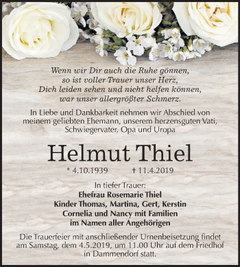 Traueranzeige von Helmut Thiel von Mitteldeutsche Zeitung Halle/Saalkreis