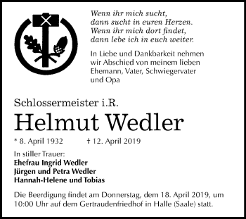 Traueranzeige von Helmut Wedler von Mitteldeutsche Zeitung Halle/Saalkreis
