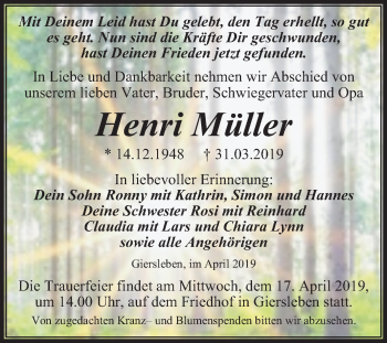 Traueranzeige von Henri Müller von Mitteldeutsche Zeitung Aschersleben