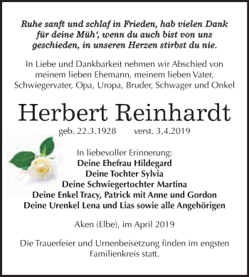 Traueranzeige von Herbert Reinhardt von WVG - Wochenspiegel Dessau / Köthen