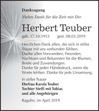 Traueranzeige von Herbert Teuber von WVG - Wochenspiegel Bitterfeld