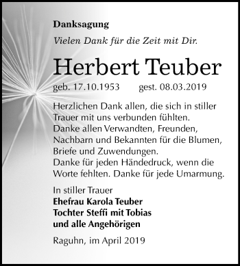 Traueranzeige von Herbert Teuber von Mitteldeutsche Zeitung Bitterfeld