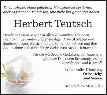 Traueranzeige von Herbert Teutsch von Wochenspiegel Mansfelder Land