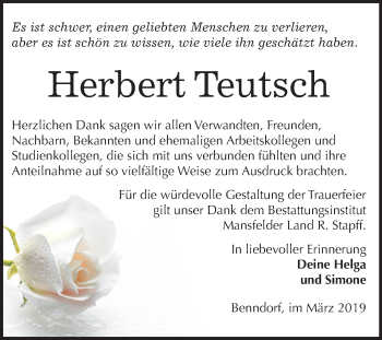 Traueranzeige von Herbert Teutsch von Mitteldeutsche Zeitung Mansfelder Land